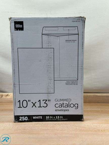 Office Depot® Brand: Envelopes, 4-1/8" x 9-1/2", Clean Seal, White, Box Of 500- New; Office Depot® Brand :10" x 13" Catalog Envelopes, Gummed Seal, White, Box Of 250- New - Roller Auctions