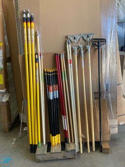 (22) New- Assorted Extension Poles Some are wood and some metal includes mop extension pole with holder - Roller Auctions