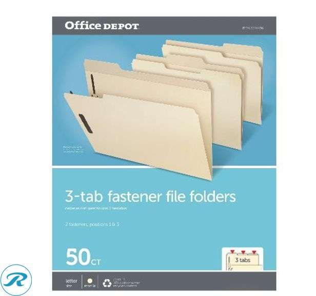 (3) Office Depot® Brand: Reinforced Manila Folder With 2 Embossed Fasteners, 1/3-Cut Tabs, Letter Size, Box Of 50- New - Roller Auctions
