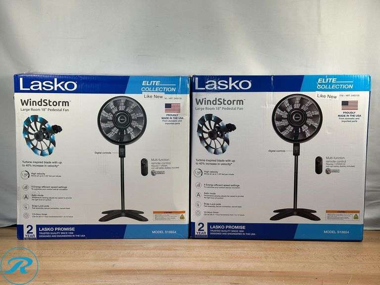 (2) Lasko: Windstorm Pedestal Fan- Like New - Roller Auctions