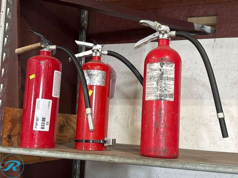 (3) Assorted Red Fire Extinguishers with Hoses