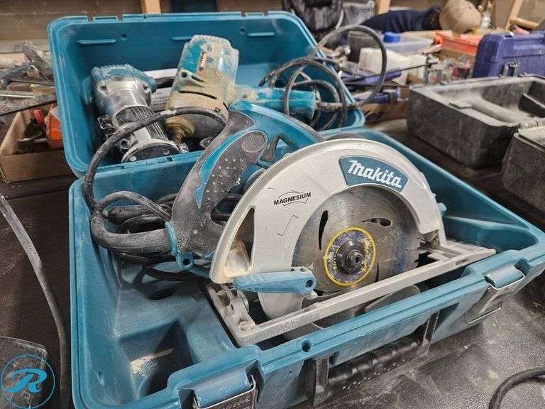 Makita 5007MG Circular Saw, 9218SB Sander, and Router with Hard Case