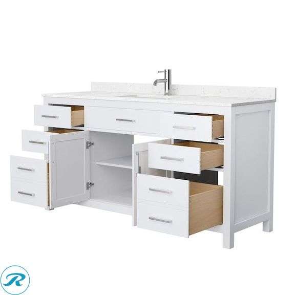 (1) New- Wyndham Collection Beckett 66-in White with Brushed Nickel Trim Undermount Single Sink Bathroom Vanity with Carrara Cultured Marble Cultured Marble Top - Roller Auctions