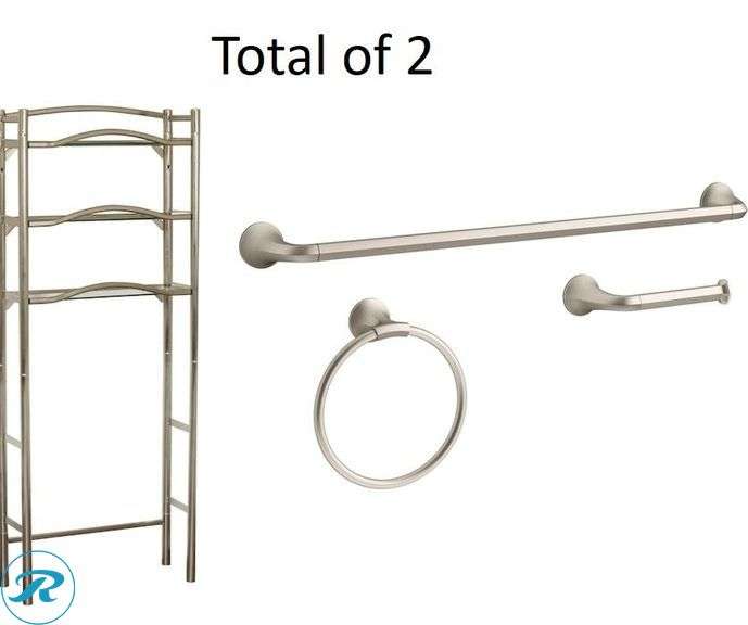 (2) New- (1) allen + roth 25-in x 63.5-in x 9.5-in Brushed Nickel 3-Shelf Over-the-Toilet Storage (1)KOHLER 3 -Piece Desette Vibrant Brushed Nickel Decorative Bathroom Hardware Set Towel Bar, Toilet Paper Holder, Towel Ring Included