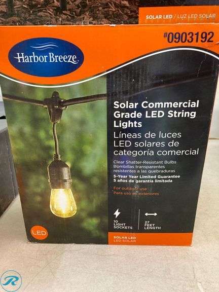 (8) New- (6) Harbor Breeze Path light 10 -Lumens Black Solar LED Outdoor Path Light ( 3000-K ) (1) Harbor Breeze 12 -Lumens 0.3 -Watt Black Solar LED Outdoor Path Light ( 5000-K ) (1) Harbor Breeze 27-ft Solar Black Indoor/Outdoor String Light with 10 White -Light LED Edison Bulbs - Roller Auctions