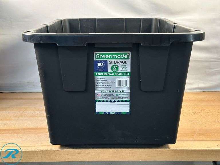 (3) Small Trash Cans- Used/ Small Damage; (1) 27 Gallon Storage Container- Used/ Small Crack/ No Lid - Roller Auctions