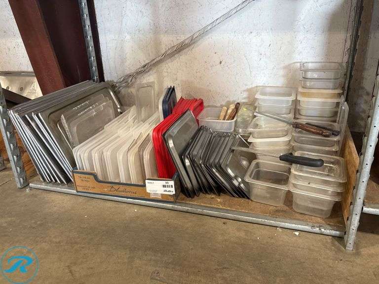 Plastic Food Storage Containers with Lids, Metal Baking Trays, and Kitchen Utensils