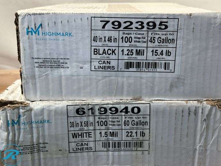 Highmark™ Linear Low Can Liners, 1.5-mil, 60 Gallons, 38" x 58", White, Box Of 100- New; Highmark™ Repro Trash Liners, 1.25 mil, 40 To 45 Gallons, 70% Recycled, Black, Box Of 100 Liners- New; Highmark™ Bio Star Compostable 1-mil Trash Can Liners, 32 Gallons, Green, Pack Of 150- New - Roller Auctions