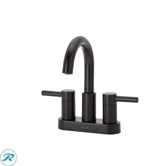 (1) New- allen + roth Harlow Matte Black 4-in centerset 2-handle WaterSense High-arc Residential Handle Bathroom Sink Faucet with Drain with Deck Plate