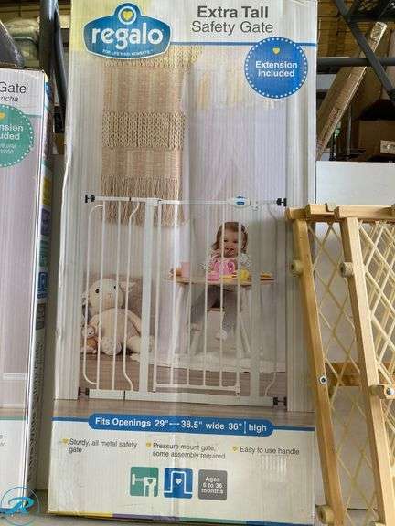 (4) Regalo safety gates including (1) extra wide 29-38" x 36" (1) extra tall 38.5" x 36" (2) Wooden Expanding gates - Roller Auctions
