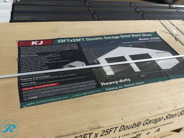 New KJ K3325 Double Garage Metal Shed, 33' x 25' - Roller Auctions