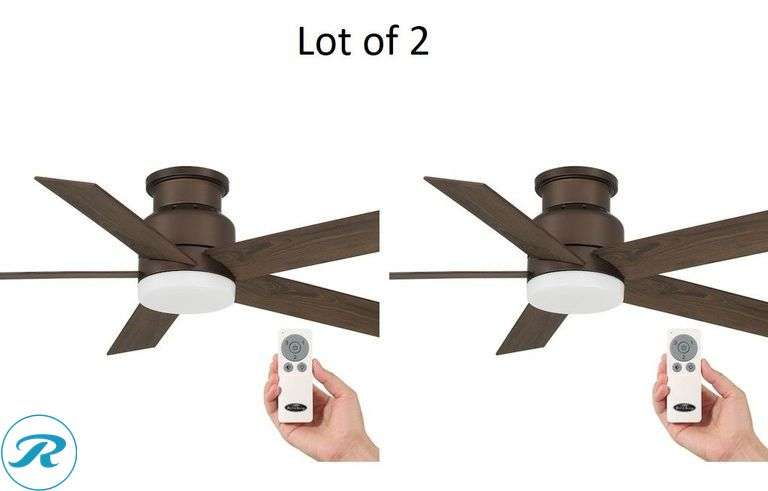 (2) New- Harbor Breeze Bristle 44-in Integrated LED Flush Mount Bronze with Oak Brown Blades Ceiling Fan With Light 5 -Blade ) - Roller Auctions