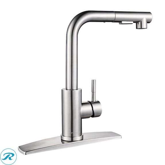 (1) New- FORIOUS Kitchen Faucet Brushed Nickel Single Handle Deck-mount Pull-down Kitchen Faucet with Sprayer ( Deck Plate Included )