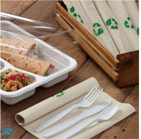 CaterWrap Pre-Rolled Cutlery: Linen-Like Napkin, Natural/White, Case Of 100 Rolls- New; Pacific Blue Ultra® by GP PRO: 1-Ply, 9" x 400', White, 6 Rolls - New - Roller Auctions