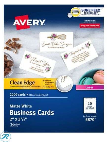 Avery: Clean Edge Printable Business Cards With Sure Feed Technology for Laser Printers, 2" x 3.5", White, 2,000 Blank Cards- New