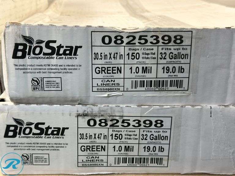 Highmark™ Linear Low Can Liners, 1.5-mil, 60 Gallons, 38" x 58", White, Box Of 100- New; Highmark™ Repro Trash Liners, 1.25 mil, 40 To 45 Gallons, 70% Recycled, Black, Box Of 100 Liners- New; Highmark™ Bio Star Compostable 1-mil Trash Can Liners, 32 Gallons, Green, Pack Of 150- New - Roller Auctions