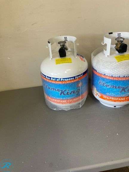 (2) New- Flame King 20lb empty LP cylinder OPD valve built in gauge steel empty propane tank - Roller Auctions