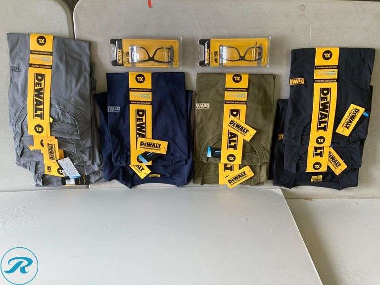 (14) New- (12) DeWalt Men's knit short sleeve graphic t shirts (XL) (blue, Green, black and grey) (2) DPG94 Dominator 8482 safety glass black yellow - Roller Auctions