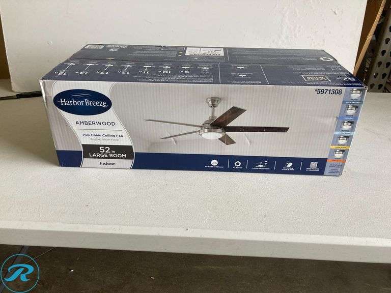 (1) New- Harbor Breeze Amberwood Easy2Hang 52-in Color-Changing Integrated LED Brushed Nickel with Walnut/Silver Blades Ceiling Fan With Light ( 5 -Blade ) - Roller Auctions