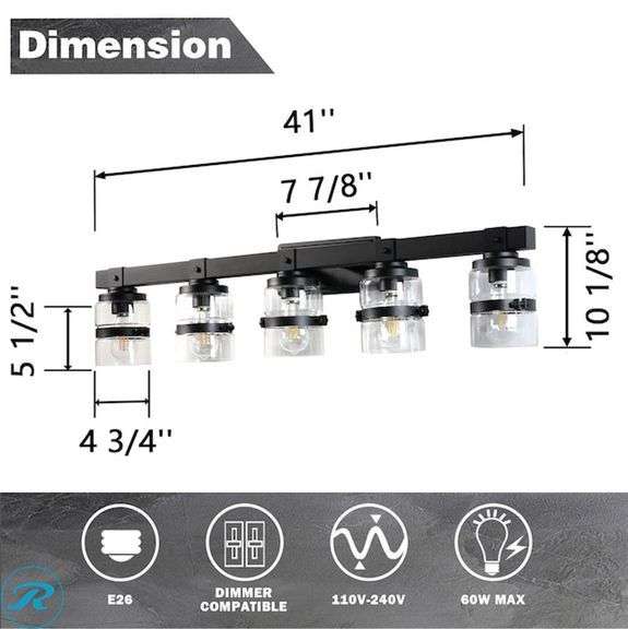 (1) ExBrite Industrial simplicity 40.94-in 5 -Light Matte Black Industrial Vanity light - Roller Auctions
