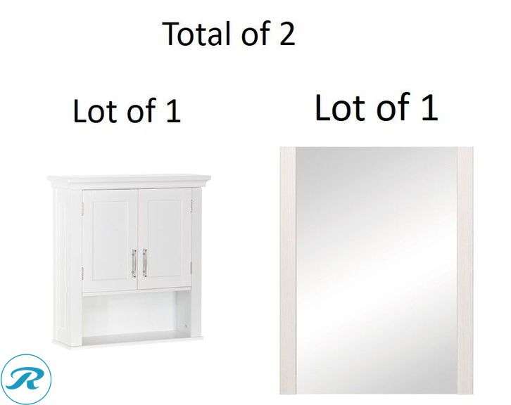 (2) New- (1) RiverRidge Somerset 22.81-in x 24.5-in x 7.9-in White Bathroom Wall Cabinet (1) Style Selections Acadia 24-in x 31-in Framed Rectangle Bathroom Vanity Mirror ( White )