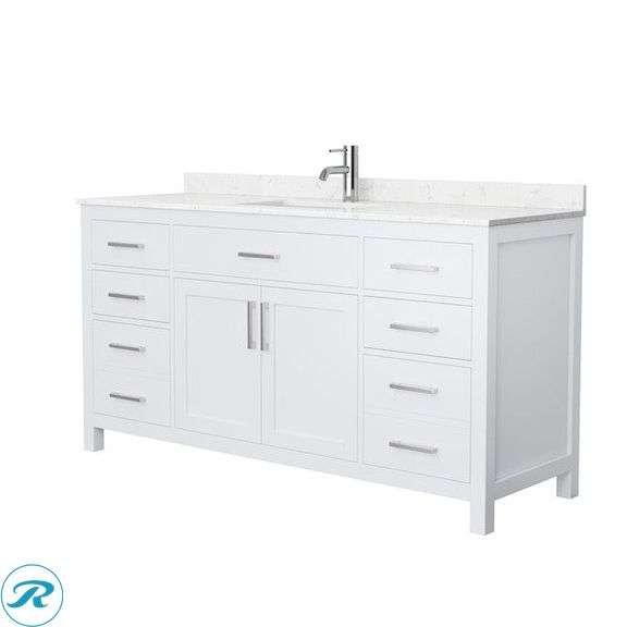 (1) New- Wyndham Collection Beckett 66-in White with Brushed Nickel Trim Undermount Single Sink Bathroom Vanity with Carrara Cultured Marble Cultured Marble Top
