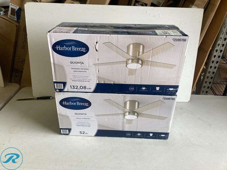 (2) New-Harbor Breeze Quonta 52-in Integrated LED Flush Mount Brushed Nickel with Matte Black/Brushed Nickel Blades Ceiling Fan With Light ( 5 -Blade ) - Roller Auctions