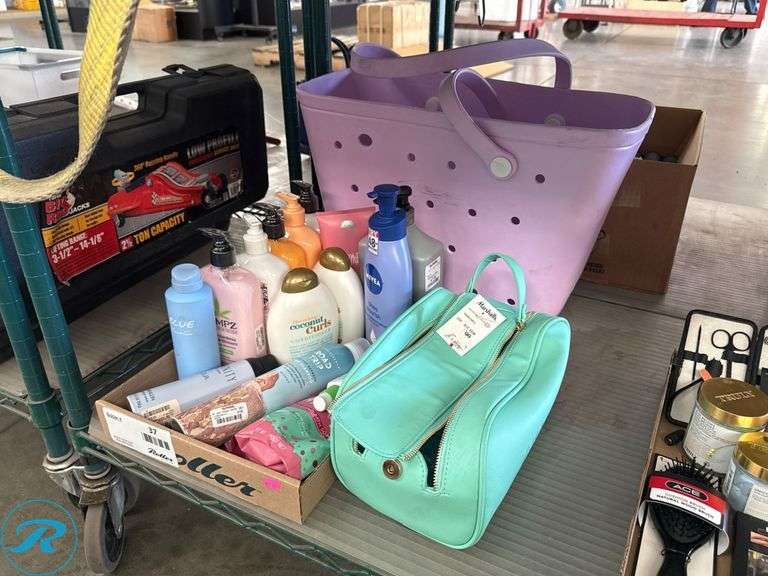 Personal Care Products with Purple Tote and Green Handbag