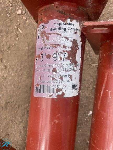 (5) New- (2) Akron adjustable steel jack post with swivel plate 96-100" 382 lbs capacity Red Finish (3) Akron Red Steel Adjustable Jack post with swivel plate 8' to 8' 4" 11200 lbs capacity - Roller Auctions