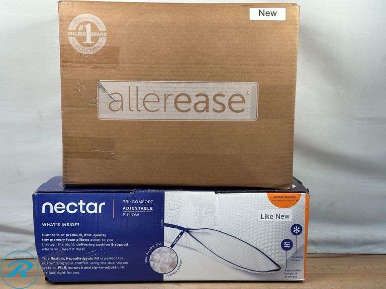 Nectar: Tri-Comfort Cooling Bed Pillow- Like New; AllerEase; Organic Cotton Top Allergy Protection Pillow, 2-pack- New - Roller Auctions