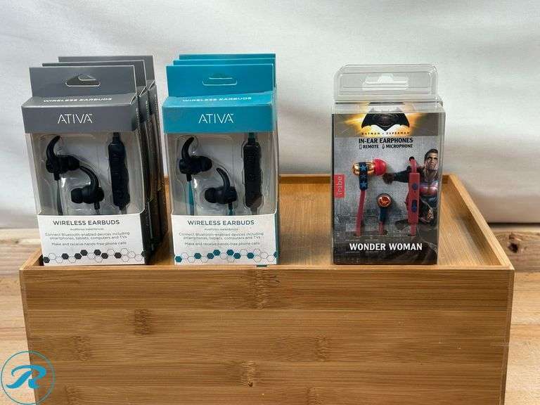 (3) Ativa™: Bluetooth® Earbud Headphones, Gray- New; (3) Ativa™: Bluetooth® Earbud Headphones, Teal- New;(2) Tribe: Wonder Woman Earbuds-  New - Roller Auctions