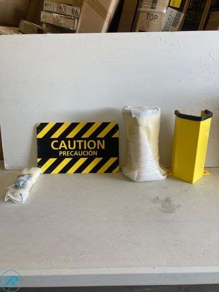 (Set of 2) Pallet of racking post guard protectors 12" and predrilled holes and caution sign - Roller Auctions