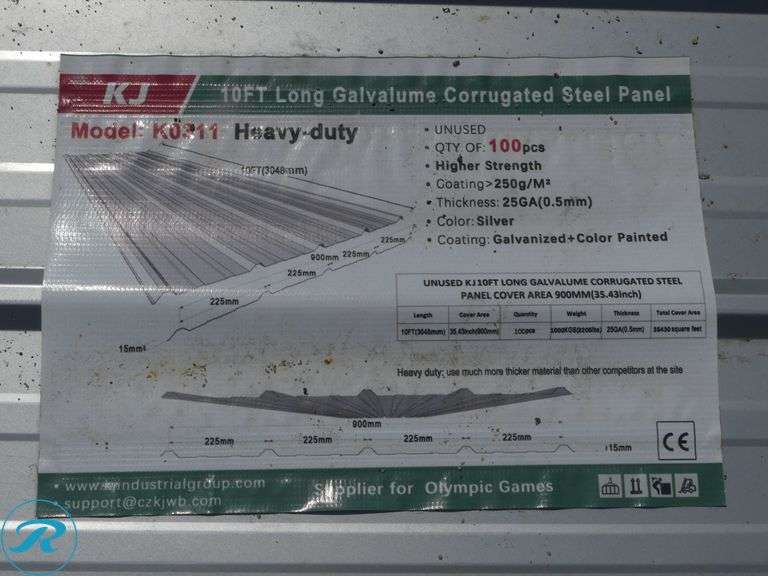 (100) New Sheets of KJ K0311 Galvalume Corrugated Steel Panels, 10' x 35" - Roller Auctions
