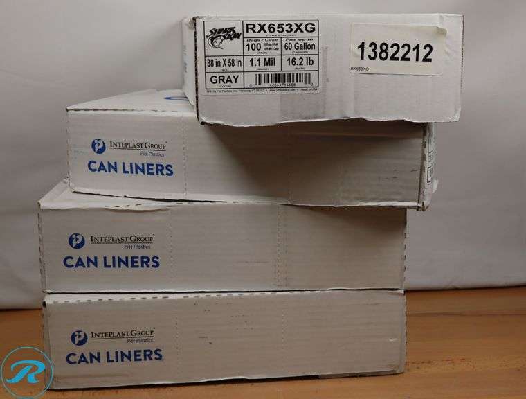 (4) Shark Skin Linear Low Density Can Liners, 60gal, 1.1 mil, 38 x 58, Gray (Case of 100) , RX653XG - New - Roller Auctions