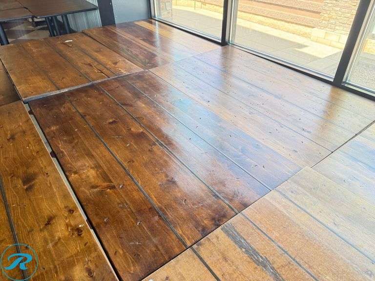 Wood Dining Tables with Black Metal Bases, (7) 48 in x 29 in and (1) 24 in x 29 in - Roller Auctions