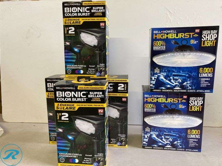 (6) New- (4)BELL + HOWELL 2 -Pack Bionic Lighting 44 -Lumens 0.5 -Watt Black Solar LED Outdoor Path Light ( 6000-K ) (2) BELL + HOWELL 1-ft 6000 Lumens Black Cool White LED Low bay Garage Shop Light - Roller Auctions