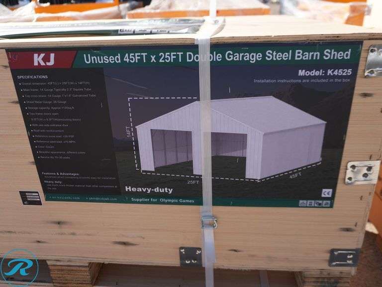 New KJ K4525 Double Garage Steel Barn Shed, 45' x 25' x 14' High - Roller Auctions