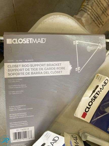 (200+) New Assorted Closet Maid Supplies (includes wire shelves, support brackets, corner round bar, shelving system, rod caps, shelf caps) See photos - Roller Auctions