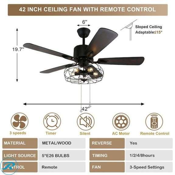 (1) New- Cusp Barn BD2011 52-in Black with Wood Blades Ceiling Fan Without Light - Remote Included ( 5 -Blade ) - Roller Auctions