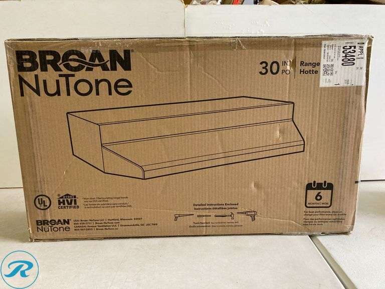 (1) New- Broan 30 inch Ductless Recirculating White Under Cabinet Range Hood with Charcoal Filter - Roller Auctions