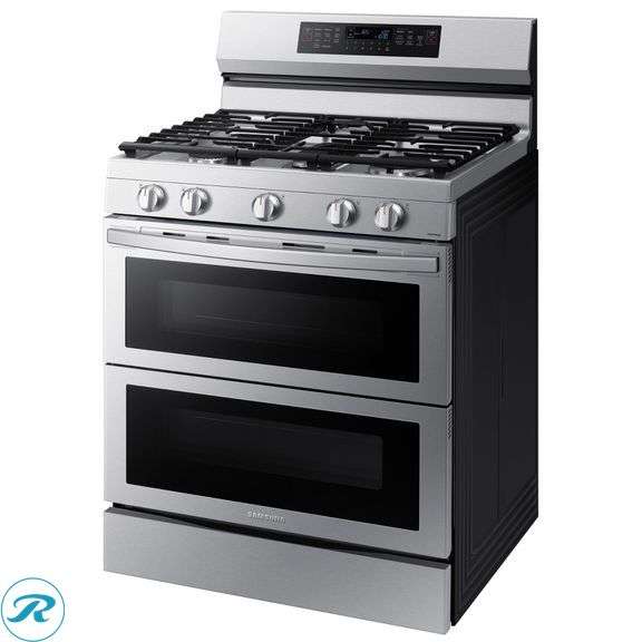 Samsung 6.0 cu. ft. Smart Freestanding Gas Range with Flex Duo and Air Fry - Used - $1,599 Retail, Damaged/Leaking Gas/Notes From Xcel Energy "Thread Of Flex Hose Leaking Into Gas Regulator, Brass Fitting On Face Of Regulator Is Leaking Gas" - Roller Auctions