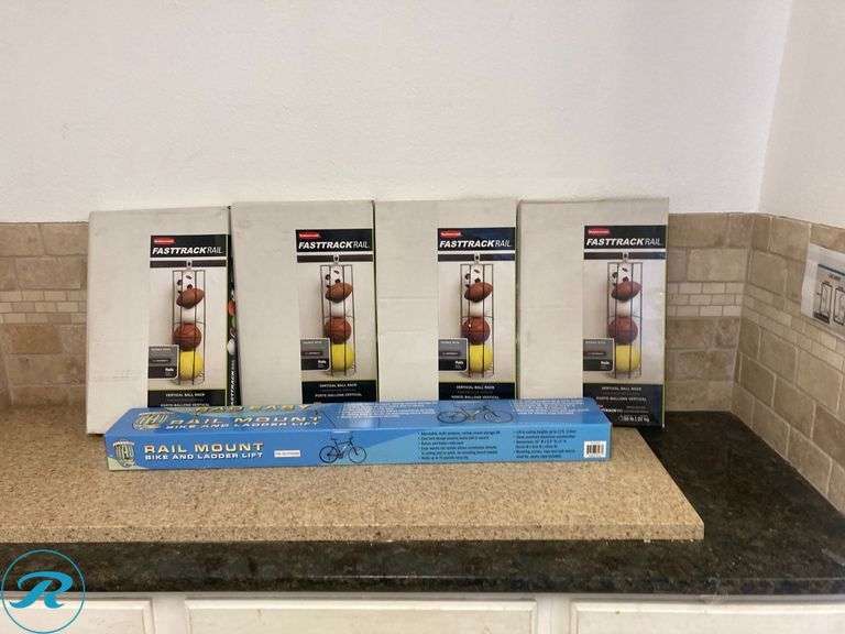 (5) New- (4) Rubbermaid Foottrack garage 37" satin nickel Steel ball Rack (1) rail mount Bike and Ladder Lift - Roller Auctions
