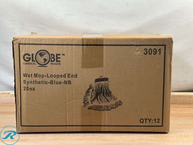 Globe Commercial Products: Synthetic Wet Mop- Looped End Refill, 12ct, Blue- New; (3) Natural Wood Mop Handle, Black Tip- New - Roller Auctions