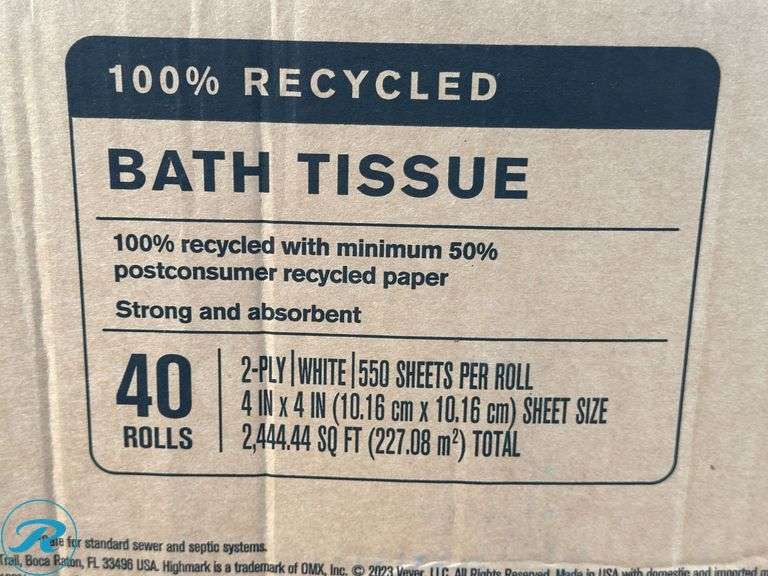 (2) Highmark® ECO 2-Ply Toilet Paper, 100% Recycled, 550 Sheets Per Roll, Case Of 40 Rolls- New/ Damaged Box - Roller Auctions
