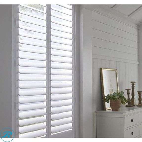 (4) New- LEVOLOR Custom Traditional Polyresin Shutters (2) Kitchen 27.75" x 37.25" (2) Living room 32.8750" x 68.8750 - Roller Auctions