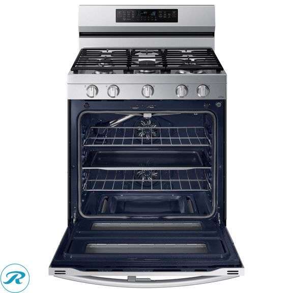 Samsung 6.0 cu. ft. Smart Freestanding Gas Range with Flex Duo and Air Fry - Used - $1,599 Retail, Damaged/Leaking Gas/Notes From Xcel Energy "Thread Of Flex Hose Leaking Into Gas Regulator, Brass Fitting On Face Of Regulator Is Leaking Gas" - Roller Auctions