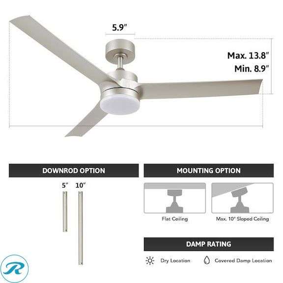 (1) New- CO-Z 52-in Color-Changing Integrated LED Brushed Nickel with Brushed Nickel Blades Ceiling Fan With Light - Remote Included ( 3 -Blade ) - Roller Auctions