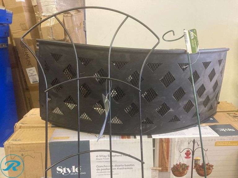 Assorted garden Supplies includes bird feeder, hooks fire ring, planter, vertical garden, power stake fence screen (see photos) - Roller Auctions