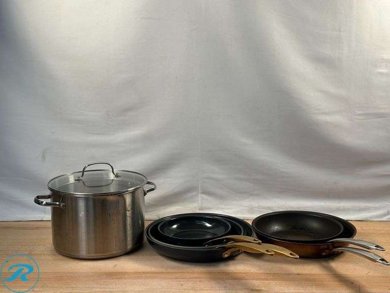 The Original Green Pan: 8qt Stock Pot- Used; The Original Green Pan: 3pc Fry Pan Set- Used; GraniteStone- 2pc Fry Pan Set- Used - Roller Auctions