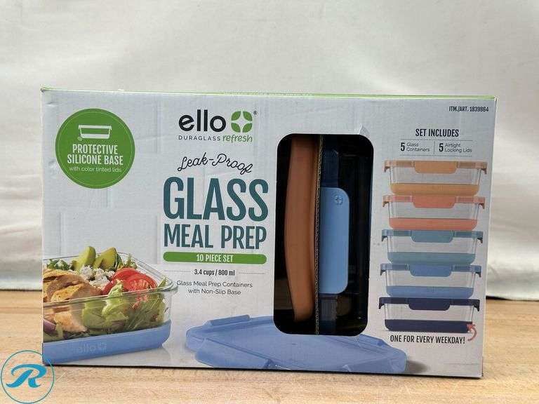 Pyrex: 10 Piece Glass Container w/ Silicone & Glass Top- Like New/ (1) Container has a chip; (8) ello: Leak-Proof Glass Meal Prep Containers- (5)New, (3) Used - Roller Auctions